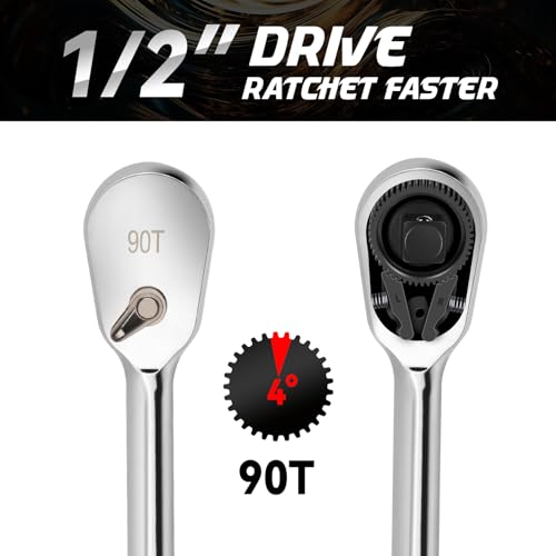DISEN Extra Long Handle 1/2" Drive Ratchet Socket Wrench,90-Tooth Ratchet Wrench with 14" Handle and Dust Proof Teardrop Enclosed Head, Reversible, CR-V Steel Made, CR-MO Head, Gifts for Men - color: 90-t Long Drive Ratchet Set