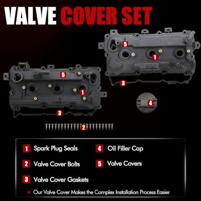 MITZONE Engine Valve Cover Kit Left & Right with Gasket & Bolts Compatible with 2009-2014 Nissan Murano Quest 3.5L Replace# 13264-JP01A 13264-JP01B