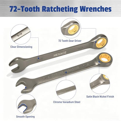 22-Piece Ratcheting Wrench Set, 72 Teeth, Metric & SAE