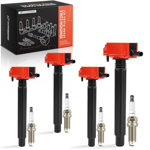 A-Premium Set of 4 Red Ignition Coil Pack and Iridium Spark Plugs - color: Red