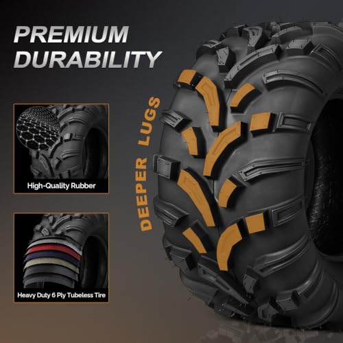 TUFFIOM Set of 2 ATV UTV Tires, 25x11.00-12/6PR All-Terrain Mud Tires with Directional Tread, Drainage, Strong Srip and Snow-breaking for Rainy/Snowy Areas, Tubeless Trail Tire - size: 25x11.00-12 (2 pack)