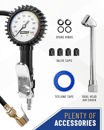 Air Chuck with Tire Pressure Gauge and Inflator for Air Compressor 100 PSI - size: Standard