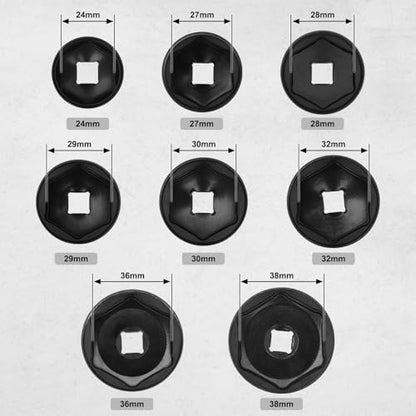 Mayouko 8 Pieces 3/8" Drive Low Profile Oil Filter Cap Wrench Socket Set, 24mm, 27mm,28mm,29mm,30mm,32mm,36mm,38mm,CR-V, Oil Filter Cap Remove and Install Tool Kit - size: 8PCS- 24,27,28,29,30,32,36,38mm
