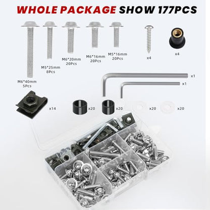 177Pcs Motorcycle Fairing Bolt Kit Silver, M5 M6 Windscreen Screws - color: Chrome