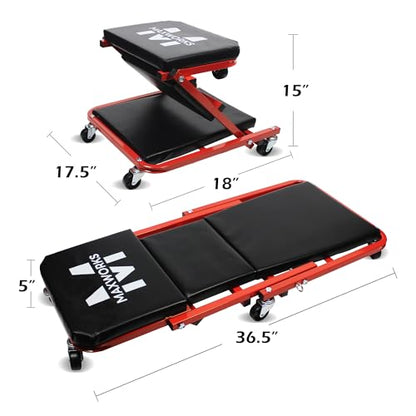 MAXWORKS 50873 2 in 1 Mechanic Creeper 36 inch Z-Creeper Seat 300 lbs Capacity Low Profile Creeper with 6 pcs Casters for Garage Shop Auto Repair