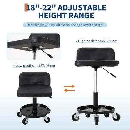 Rolling Shop Stool w/ 3" Locking Swivel Wheels, 300LB Capacity, 18"-22" Height Adjustable with Soft Cushion & Tool Tray, Telescoping Mechanic Seat for Garage, Auto Repair, Heavy-Duty, Black - size: Black-1