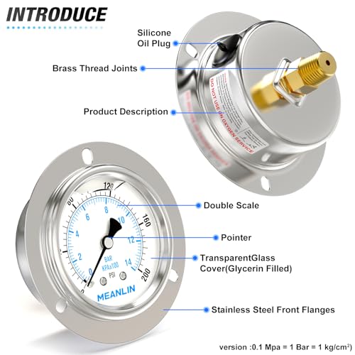 MEANLIN MEASURE 0~200Psi Liquid Filled Pressure Gauge Front Flange Panel Mount, 1/4" NPT 2.5" FACE DIAL Stainless Steel Case with Phillips Screw, Nut and Brass Hex Bushing, +/-3-2-3% - style: 0~200Psi