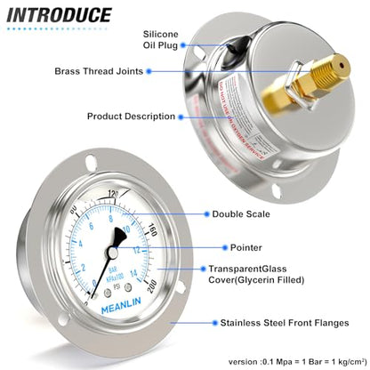 MEANLIN MEASURE 0~200Psi Liquid Filled Pressure Gauge Front Flange Panel Mount, 1/4" NPT 2.5" FACE DIAL Stainless Steel Case with Phillips Screw, Nut and Brass Hex Bushing, +/-3-2-3% - style: 0~200Psi