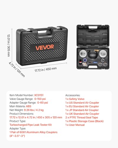 VEVOR Turbo Boost Leak Tester Kit, Compatible with 3"/3.5"/4" Pipe, 0-150 PSI Valve Gauge & 0-60 PSI Adapter Gauge, Turbo System Leakage Tester Set with 4 Pairs of Air Fittings for Diesel Trucks, SUVs