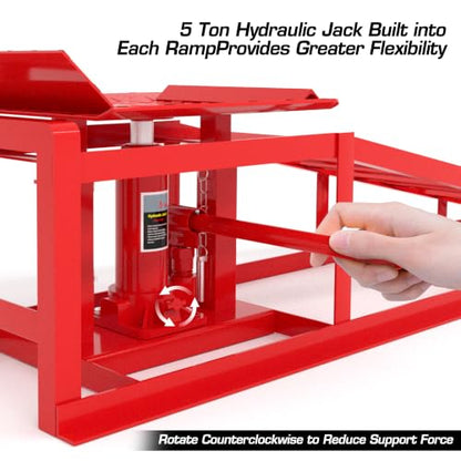 Heavy Duty Hydraulic Car Ramp 2 PCS, 11050LBS 5T Car Ramps with Hydraulic Jack, Steel Car Ramps for Oil Changes High Lift 9"-14.6" Red - color: Red-45.5l*13w*14.6h