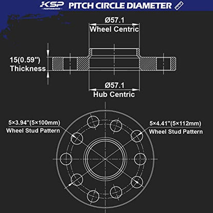 KSP 15mm 5x100 Wheel Spacers with M14x1.5 Lug Bolts Compatible with Audi A3 A4 A6 A8 S4 S6 S8 TT, 2pcs 5x112 to 5x112 Hubcentric Spacer fit Golf Jetta Beetle Passat EOS Sedan Racing Car - size: 15mm