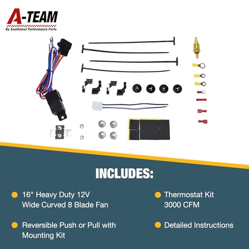 A-Team Performance Radiator Electric Cooling Fan - Electric Radiator Fan Kit for Cars - Reversible Push-Pull Assembly, 3000 CFM - Thermostat & Mounting Kit - 16 in, 12V, 8-Blade