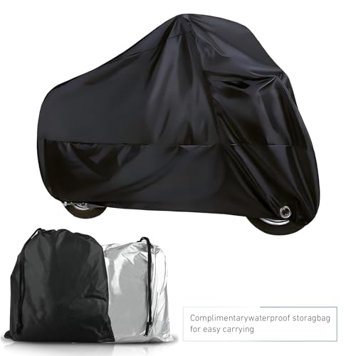 Bike Cover Waterproof Outdoor, Motorcycle Cover, 190T Polyester Waterproof Protect from Rain Dust UV, All-Season Protection Vehicle Shield, Motorbike Shield with Lock-Holes & Storage Bag