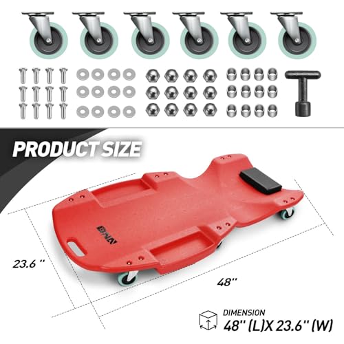 DNA MOTORING TOOLS-00238 48 Inches Heavy-Duty Low-Profile Roller Automotive Creeper with Padded Headrest, Red - color: Red, size: 48 Inches