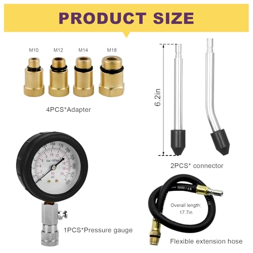 Compression Tester Kit, 0-300 PSI Petrol Engine Cylinder Pressure Test Tool with Hose & Adapters, Small Engine Compression Gauge Tool Set for Testing Car Motorcycle Snowmobile