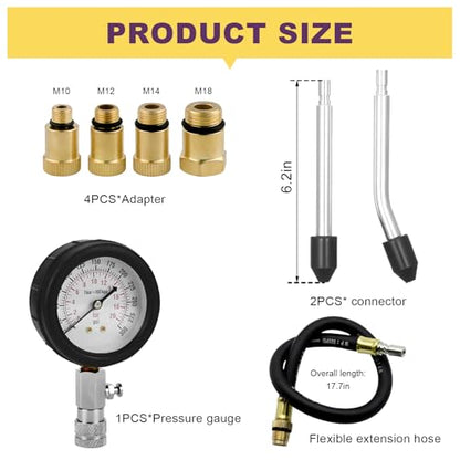 Compression Tester Kit, 0-300 PSI Petrol Engine Cylinder Pressure Test Tool with Hose & Adapters, Small Engine Compression Gauge Tool Set for Testing Car Motorcycle Snowmobile