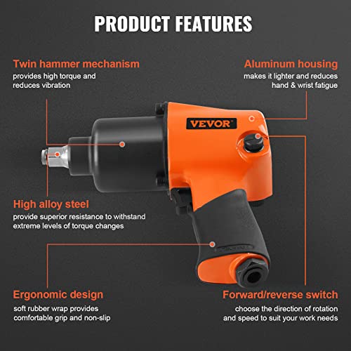 VEVOR Air Impact Wrench, 1/2" Drive Air Impact Gun Up to 880ft-lbs Nut-busting Torque, 7500RPM Lightweight Pneumatic Tool for Auto Repairs and Maintenance - size: 1/2-Inch/880 ft-lbs