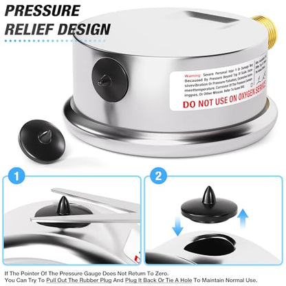 MEANLIN MEASURE -30inHG~30Psi Stainless Steel 1/4" NPT 2.5" FACE DIAL Vacuum Pressure Gauge, Lower Mount, with 1/2" NPT and 3/8" NPT Hex Bushing - size: -30inHG-30Psi