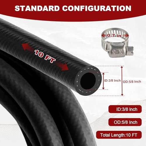 Eunice 3/8 Inch（10mm) ID Fuel Line Hose, 10 FT NBR Rubber Hose 14Pcs Clamps - size: 3/8" ID 10FT + 14 Clamps