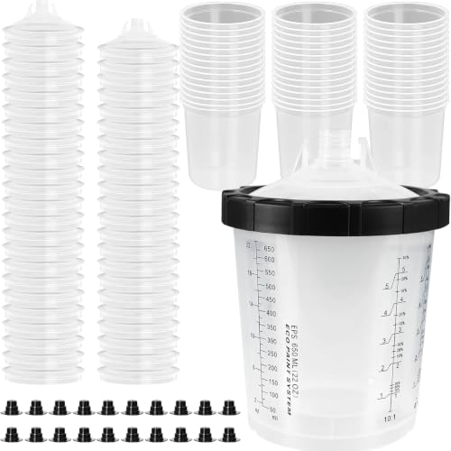 Paint Spray Gun Disposable Cups System, 650ml (22oz) Automotive Paint Mixing Kit with 45 Lids & Liners, 125 Micron Filter, Hard Cup, Plugs for HVLP & LVLP Automotive Spray Guns - size: 22 Ounce Kit (650ml)