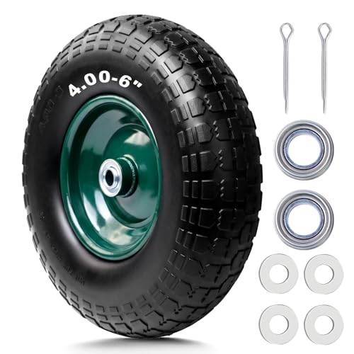 Storystore 1-Pack 4.00-6 Flat Free Tire and Wheel - 13" Wheelbarrow Tires with 5/8" or 3/4" Bearings, 1.75" Centered Hub Heavy Duty Solid Tire for Wheelbarrows, Dolly, Hand Trucks, Wagon and Trailer - size: 13Inch / 1Pack / Green