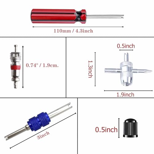 43Pcs Tire Valve Core Remover Tools with 30Pcs Valve Stem Cores,10Pcs Tire Stem Valve Caps, 4-Way Valve Stem Core Tool, Dual & Single Head Tire Valve Core Remover Installer Tools