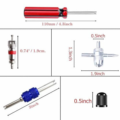 43Pcs Tire Valve Core Remover Tools with 30Pcs Valve Stem Cores,10Pcs Tire Stem Valve Caps, 4-Way Valve Stem Core Tool, Dual & Single Head Tire Valve Core Remover Installer Tools