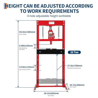 20 Ton H-Frame Benchtop Hydraulic Shop Press, Pneumatic Compatible (Red)