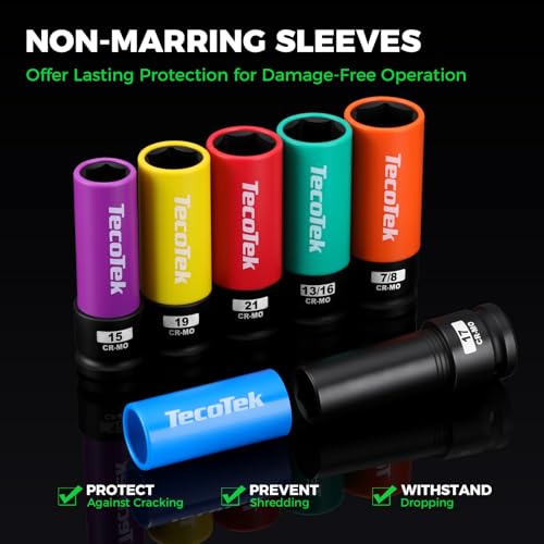 TecoTek 8PCS 1/2" Drive Lug Nut Socket Set, Metric 15 17 19 21 22 MM & SAE 13/16 7/8 in. Wheel Socket Set, Lug Nut Removal Tool, Thin Wall Lug Nut Sockets with Colored Protective Covers