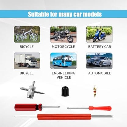 GLSOWEE Tire Valve Stem Puller Installer Tool Kit, 40Pcs Valve Cores & 20Pcs Valve Caps, 2Pcs Single Head Tire Valve Core Remover, 4-Way Valve Tool & Dual Head Puller - size: 64PCS