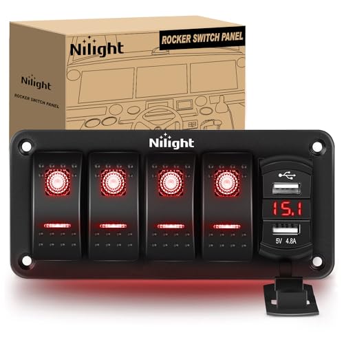 Nilight 4 Gang Rocker Switch Panel with Dual USB Socket Voltmeter - color: Red, size: 5 Gang Dual USB