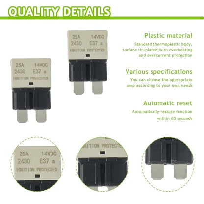 25A DC 12V-14V Auto Reset Circuit Breaker ATC/ATO Low Profile T1 Mini Blade Fuses Breakers for Car Trucks Marine Boat RV Solar and More,2 Pack - style: E37-ATC/ATO-Auto Reset