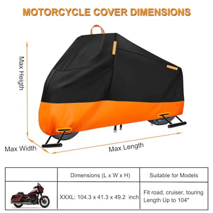 Motorcycle Cover Waterproof Outdoor, 300D Heavy Duty Motorcycle Cover for Harley Davidson Road Electra Glide Road King Shadow Spirit, All Seasons Protection Scooter Cover Fits up to 104" - size: XXXL (Fits up to 104")