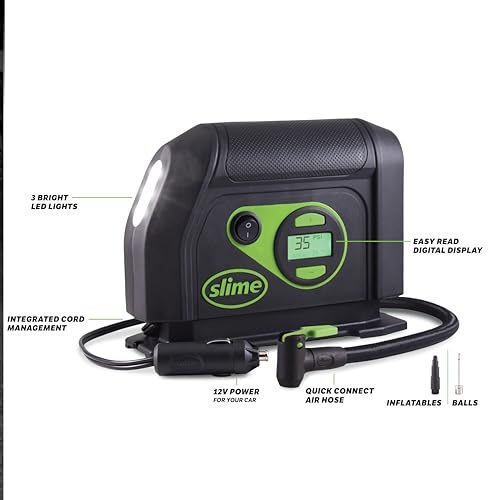 Slime 40088 Tire Inflator, Portable Car Air Compressor, Inflate Right automatic shut off, with Digital 99 psi Display, Long Hose and LED Light, 12V, 6 min inflation - style: Digital Tire Inflator