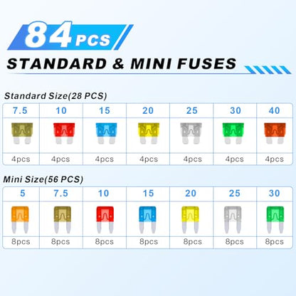 84PCS Car Fuses Assortment Kit, Standard & Mini Fuse 5A-40A