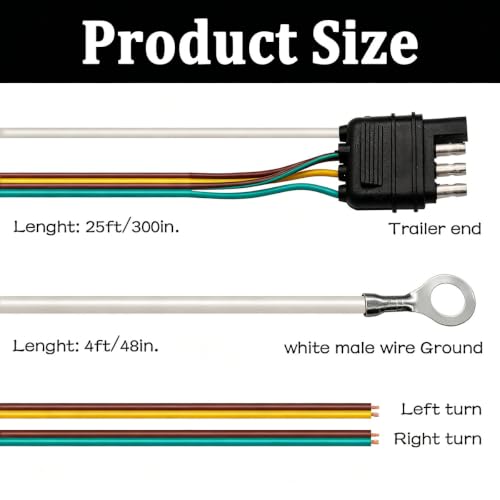 25ft 4 Wire 4-Flat Trailer Light Wiring Harness Extension Kit, Trailer Wiring Harness with 18 Gauge White Ground Wire for Trailers O-016 - size: 25FT
