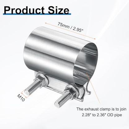 HARFINGTON Exhaust Clamp 2.36" Stainless Steel Lap Joint Band Clamp Exhaust Pipes Connection with M10x55.5 Screws for Car Muffler Elbow Pipes - size: 2.36 inch