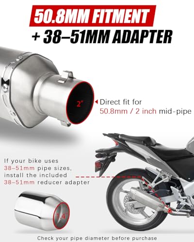 Slip-On Motorcycle Exhaust Muffler 51mm with Removable DB Killer, Carbon Fiber-Style Universal Exhaust for 38–51mm Pipes, Fit for Street & Sport Bikes (Sliver) - color: Sliver