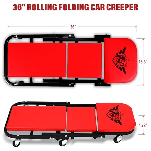 BullsArmor Mechanic Creeper Bench & Stool 2 in 1 - Folding Adjustable Chair Z Design 300 Lbs Capacity - Heavy Duty Garage Seat Tool 6 Wheels - Gift Ideas for Car Guy Maintenance Repair Shop Equipment