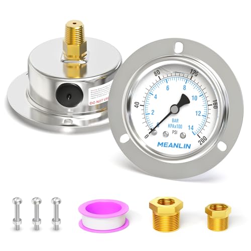 MEANLIN MEASURE 0~200Psi Liquid Filled Pressure Gauge Front Flange Panel Mount, 1/4" NPT 2.5" FACE DIAL Stainless Steel Case with Phillips Screw, Nut and Brass Hex Bushing, +/-3-2-3% - style: 0~200Psi