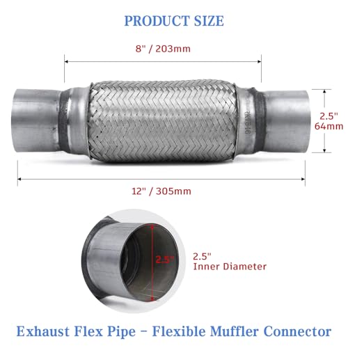 Exhaust Flex Pipe 2.5" Inlet 12" Length Heavy Duty Stainless Universal - size: 2.5"x8"x12"