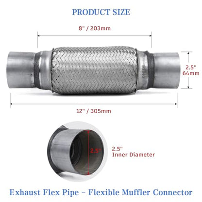 Exhaust Flex Pipe 2.5" Inlet 12" Length Heavy Duty Stainless Universal - size: 2.5"x8"x12"