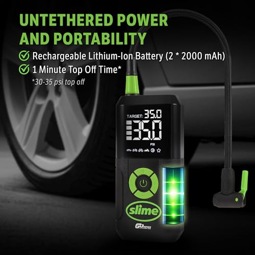 Slime 40089 Cordless 3-in-1 Tire Inflator w/Power Bank & LED Light, Auto Shut-Off, Digital Display & 6 Presets, Flat to Full in 8 Mins, Car, Bike, Motorcycle & More - style: 3in1 Cordless Tire Inflator
