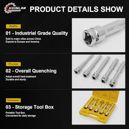 5PCS 1/2" Drive Extra Long Thin Wall Deep Socket Set，8-14mm Metric Impact Socket Kit, CR-V Steel for Automotive Repair, Compatible with Electric/Pneumatic/Manual Wrench