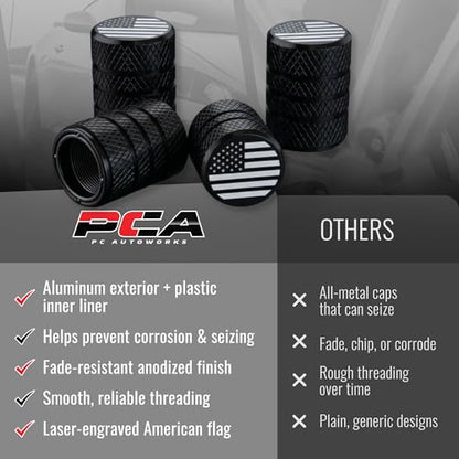 American Flag Valve Stem Caps – Onyx Black, Anti-Rust Anodized Aluminum, Universal Fit for Car, Truck, SUV, Bike – Set of 4 (Onyx Black) - color: ONYX BLACK US