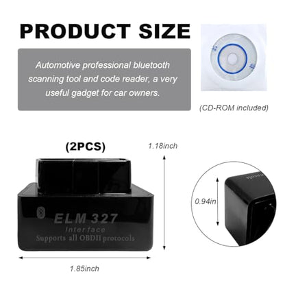 KVAEY 2 PCS OBDII Car Auto Diagnostic Scanner, ELM327 Automotive Bluetooth Scan Tool and Code Reader, Professional Car Bluetooth Engine Fault Code Reader, Universal Car Accessories (Black) - color: Black, size: 2 PCS