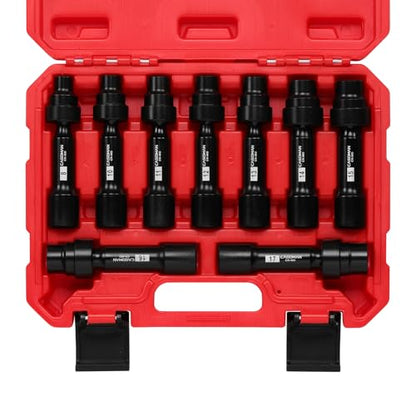 CASOMAN 9-Piece 1/2 Inch Drive Driveline Limited Clearance Socket Set, Deep Impact Swivel Socket Set, 12-Point, Metric, 8mm - 17mm, Cr-Mo Steel, with Heavy Duty Storage Case