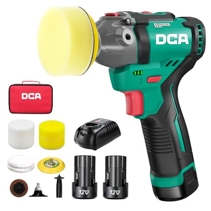 DCA 12V Cordless Buffer Polisher, 3" Brushless Mini Car Polisher & 2" Sander Machine Kit with 2x 2.0Ah Batteries, 2 Variable Speed 2800-8300RPM for Car Detailing Polishing/Buffing/Sanding/Waxing