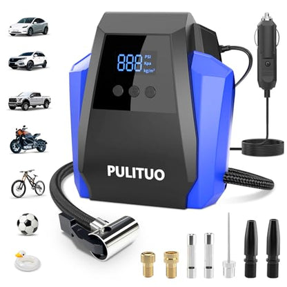 PULITUO 12V DC Tire Inflator - Portable Air Compressor 35L/min, 150 PSI Car Tire Pump with Auto Shut Off, Digital Pressure Gauge and LED Light, Blue