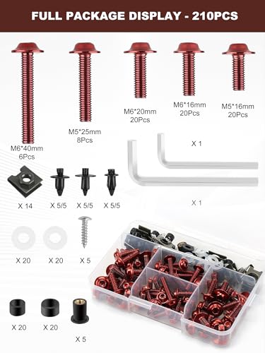 Motorcycle Fairing Bolt Kit Red, 195Pcs Stainless Steel M5 M6 - color: red